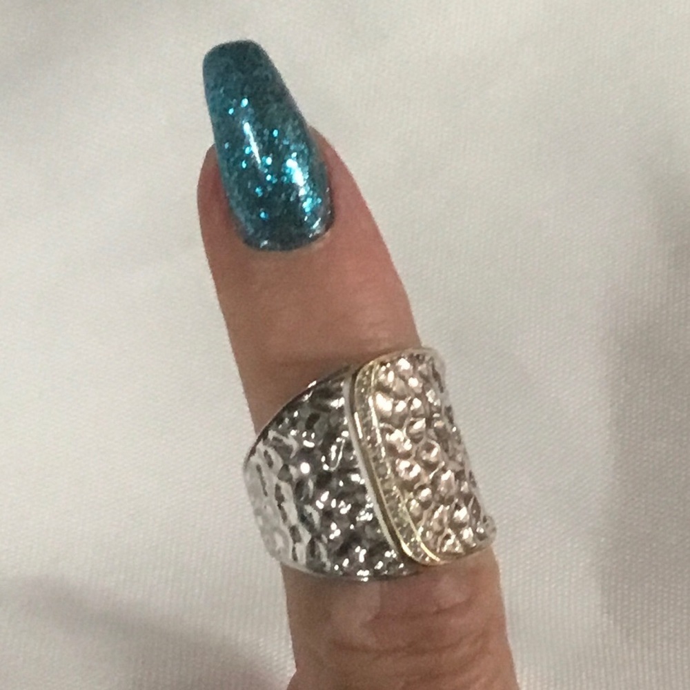 Macy’s Sterling silver yellow & rhodium hammered CZ overlapped fashion ring.